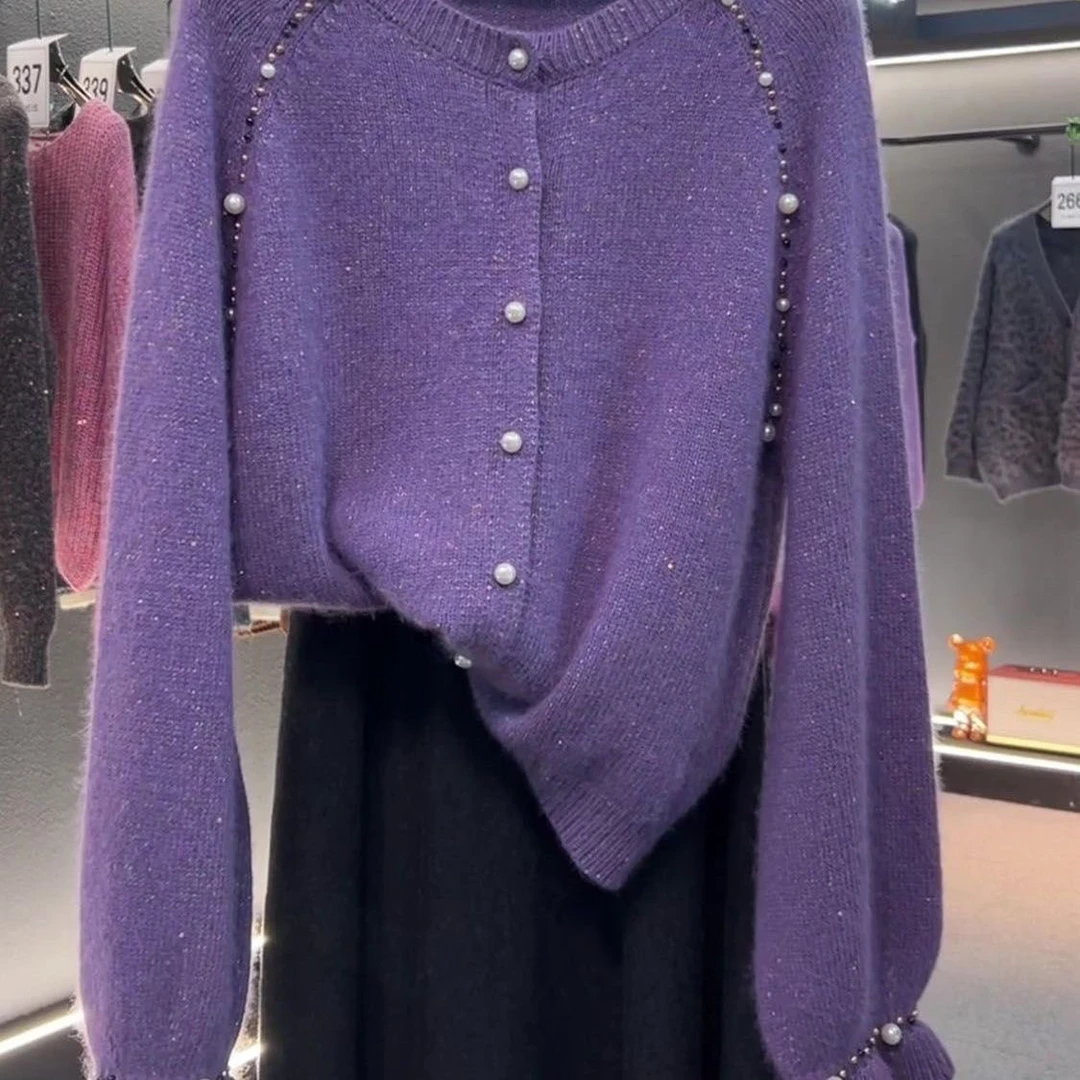 韩系紫色针织衫外套女2025秋冬新款重工镶珠长袖上衣宽松圆领毛衣