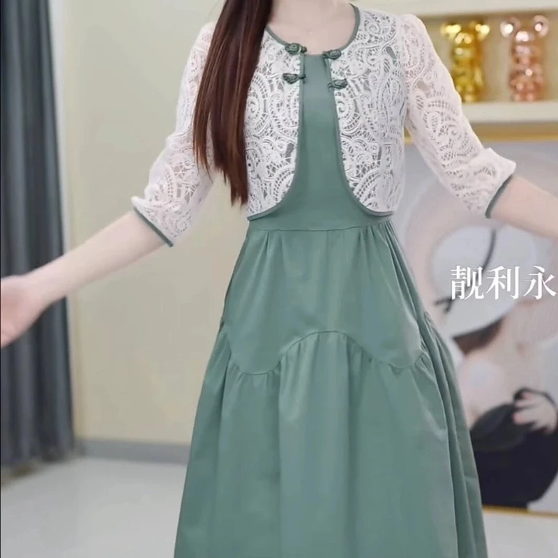 高档冰竹棉时尚女装连衣裙两件套2024夏季新款钩花刺绣洋气套裙装