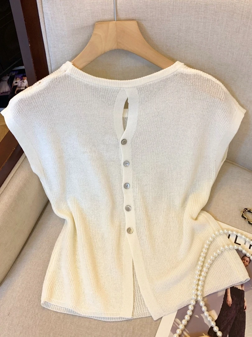 夏季法式白色后背镂空小飞袖短袖T恤上衣女小个子显瘦短款针织衫