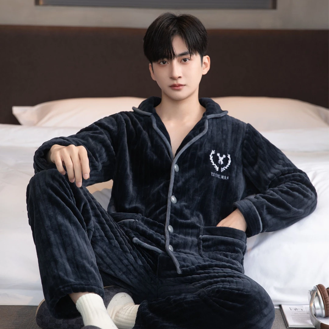 男士牛奶绒加绒加厚大码长袖休闲加肥加厚保暖睡衣男套装