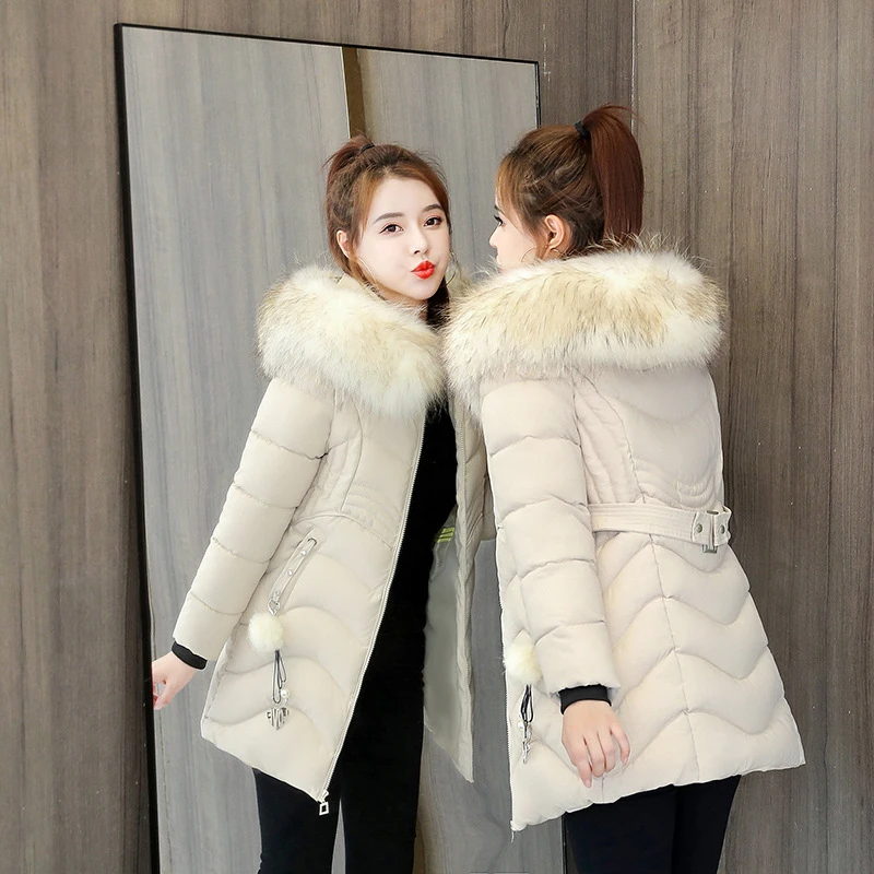 时尚大毛领收腰显瘦加厚羽绒棉服女大码宽松棉衣面包服女冬装外套