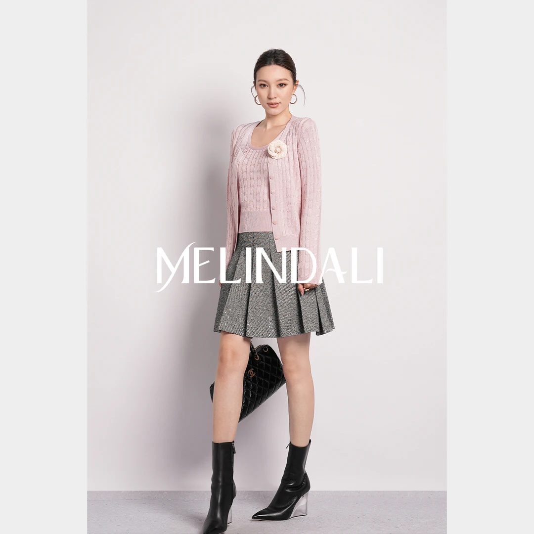 Melinda Li【氛围Miu风】时髦珠片斜纹布高腰A字经典百褶裙灰色半
