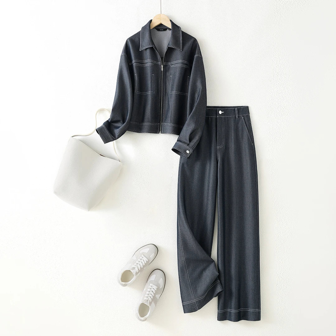 IHIMI/海谧2025春新款女简约撞色线夹克外套休闲直筒长裤两件套装