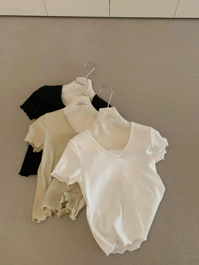 【no退no换】韩系ins白色花边短袖T恤女6676