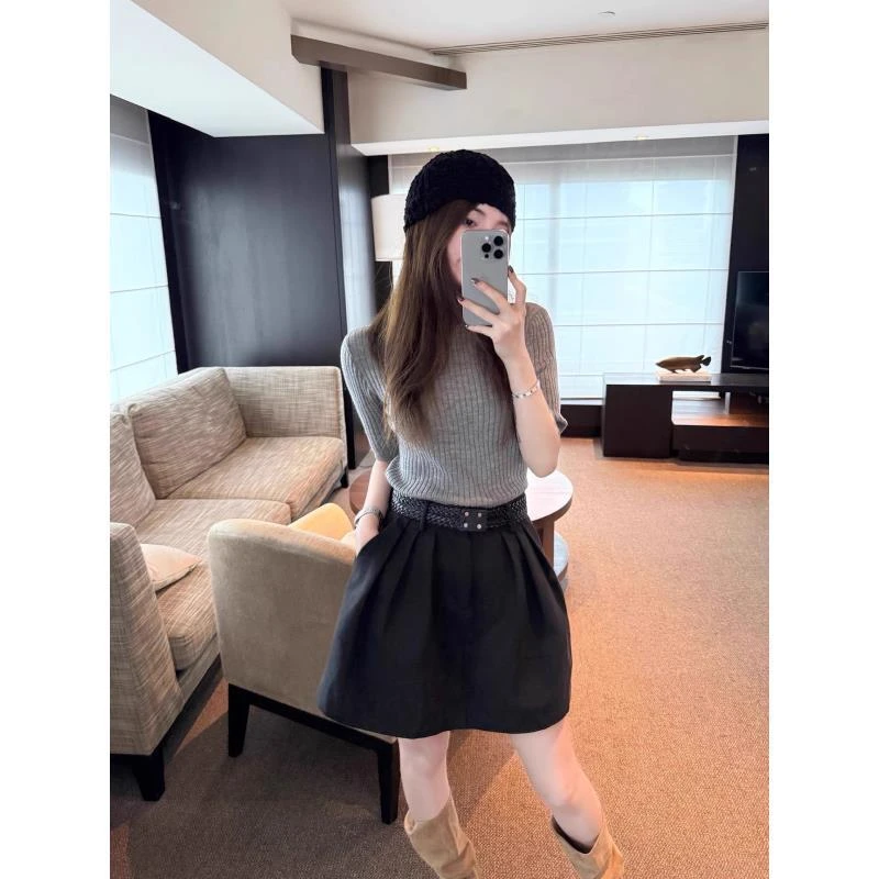 老钱风韩系辣妹套装坑条修身短袖针织衫女装秋季花苞半身裙两件套