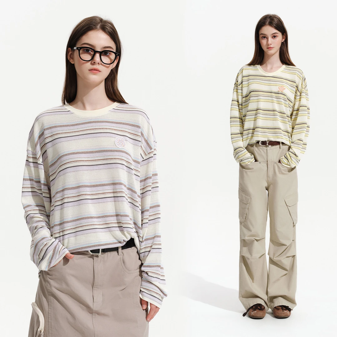 PSO Brand 女装轻薄彩纱条纹可爱海边图案长袖罩衫Tee T恤NTX051