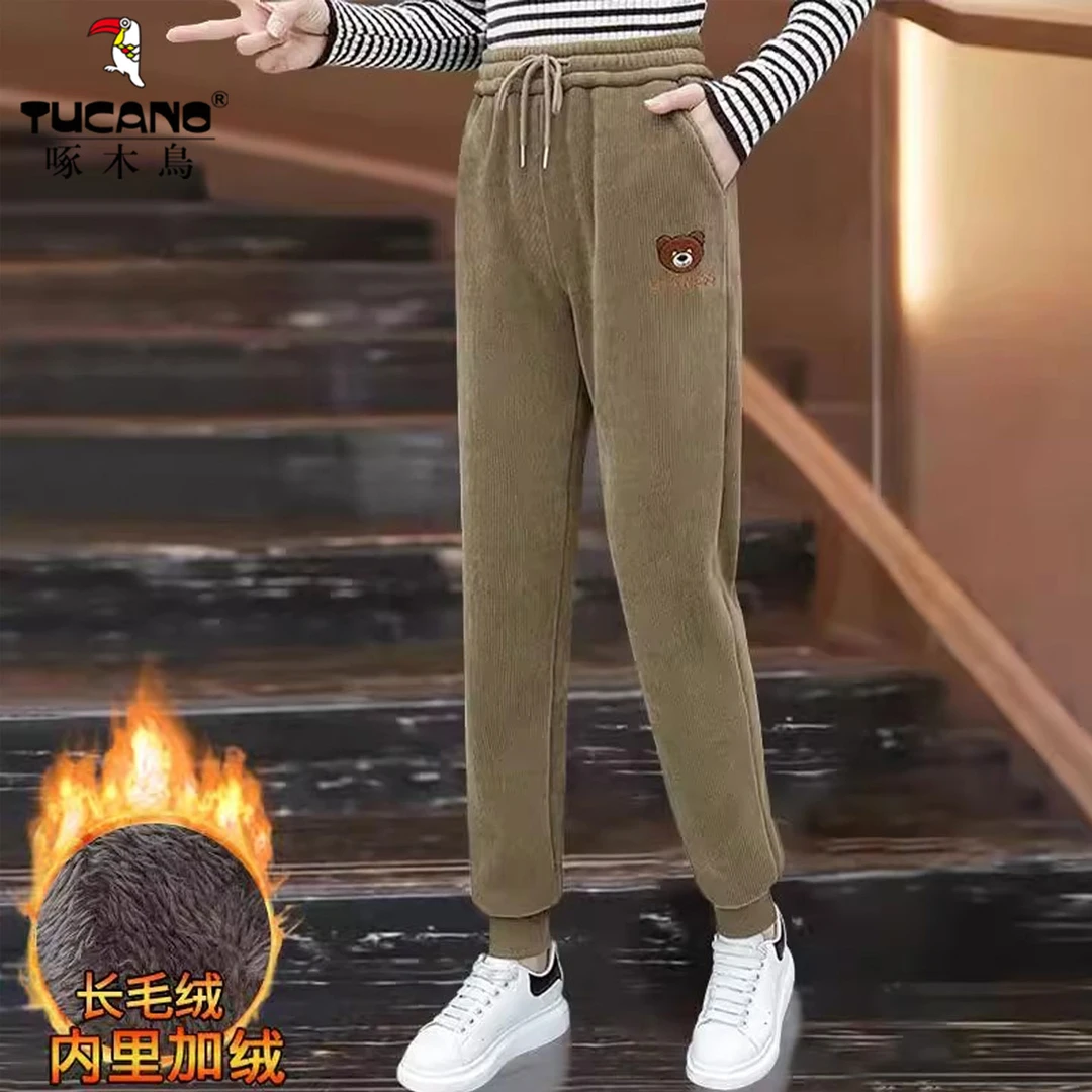 啄木鸟妈妈休闲裤女2025冬季加绒加厚高腰小熊显瘦卫裤束脚哈伦裤