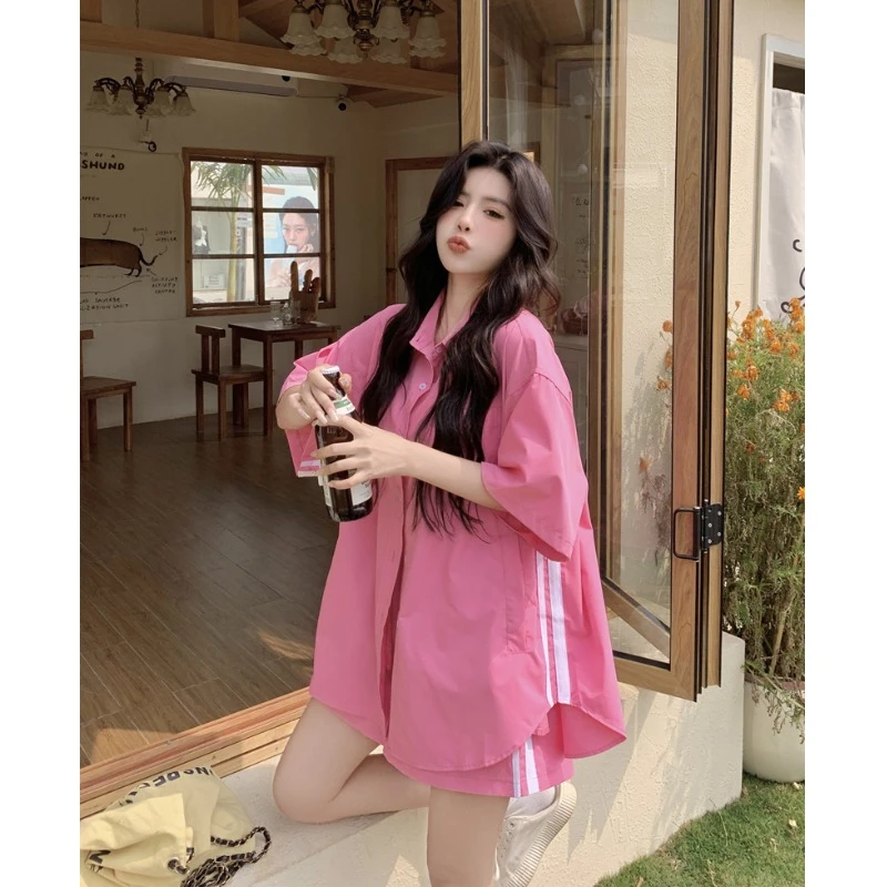 300斤特大码春夏季显瘦短袖衬衫减龄套装男可盐可甜短裤子两件套2