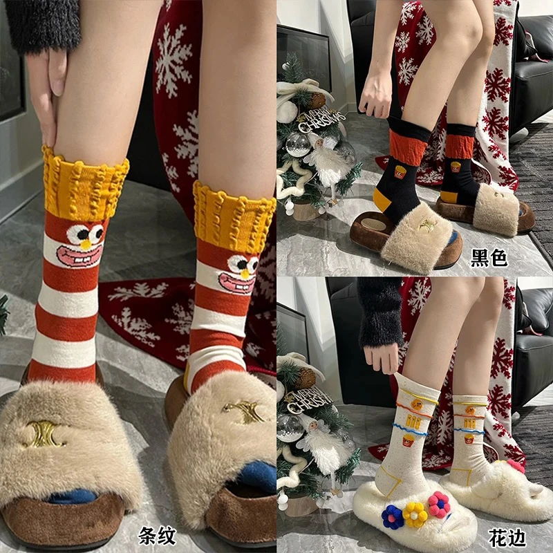 5114薯条派3双装卡通秋冬春夏秋创意薯条袜子潮袜中筒纯棉袜子女