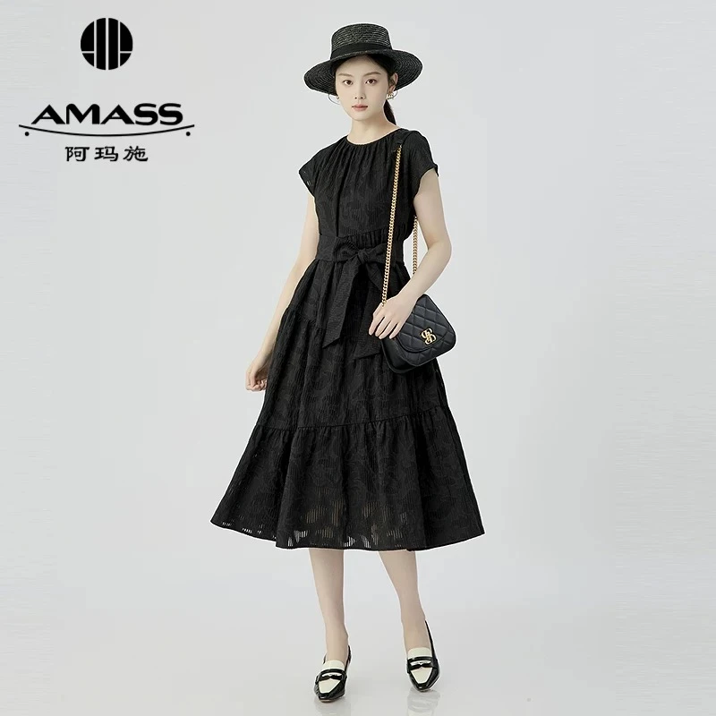 AMASS/阿玛施肌理感圆领抽褶无袖连衣裙附内搭5500533