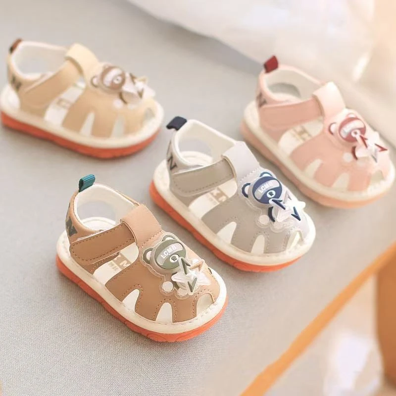 夏季儿童带灯叫叫凉鞋1岁2魔术贴男童女宝宝软底学步鞋婴幼儿包头