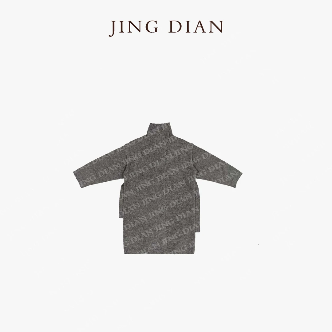 【JING DIAN】深灰色长款立领小竖纹立领针织腰带开衫 秋季毛衣外套