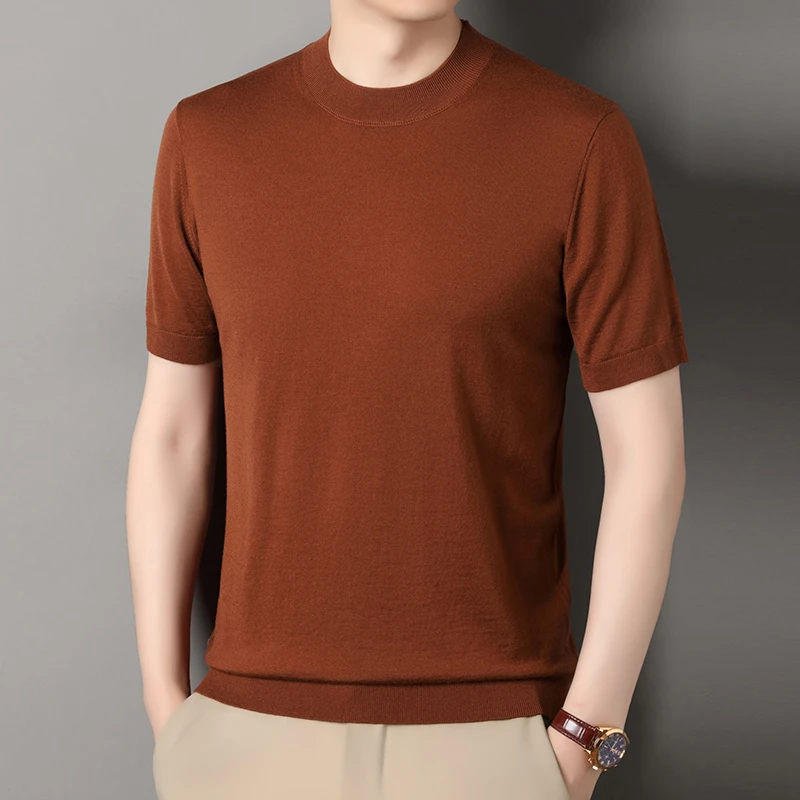 【精纺可机洗】100%绵羊毛秋季男士短袖圆领羊毛衫D004