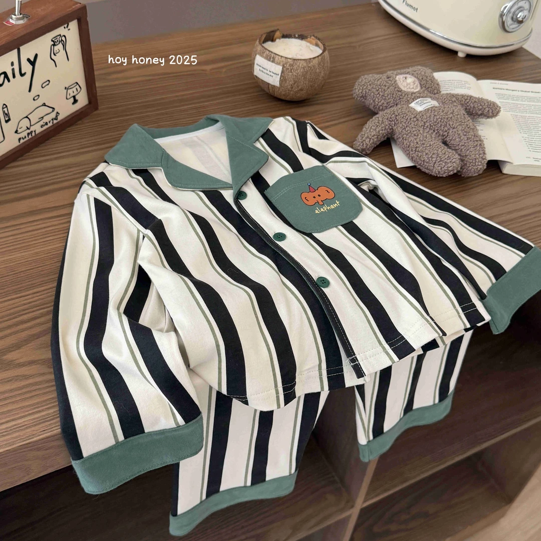 现货【嘿甜心】儿童春秋可爱卡通条纹300克棉毛家居服套装-26980