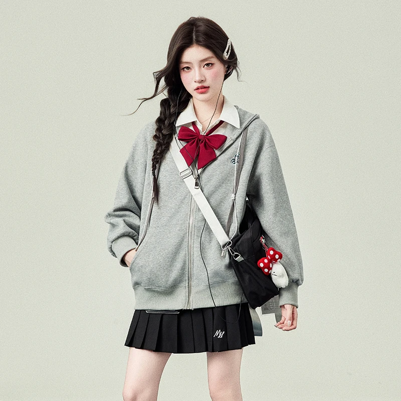花铃太太原创jk树叶刺绣卫衣开衫拉链宽松舒适25年秋学院风外套女