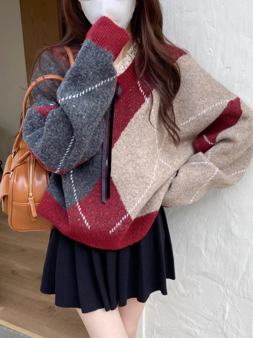 冬季女装新款百搭氛围感宽松撞色V领针织毛衣蝴蝶结休闲保暖上衣