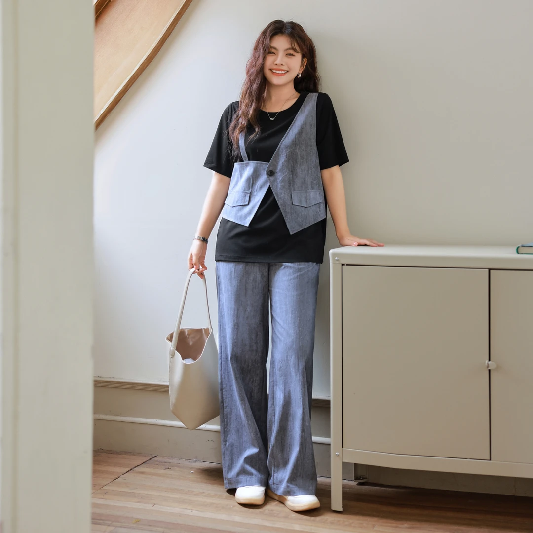 【凉快轻氧呼吸牛仔通勤显瘦假两件套装】MsShe大码女装A2505009