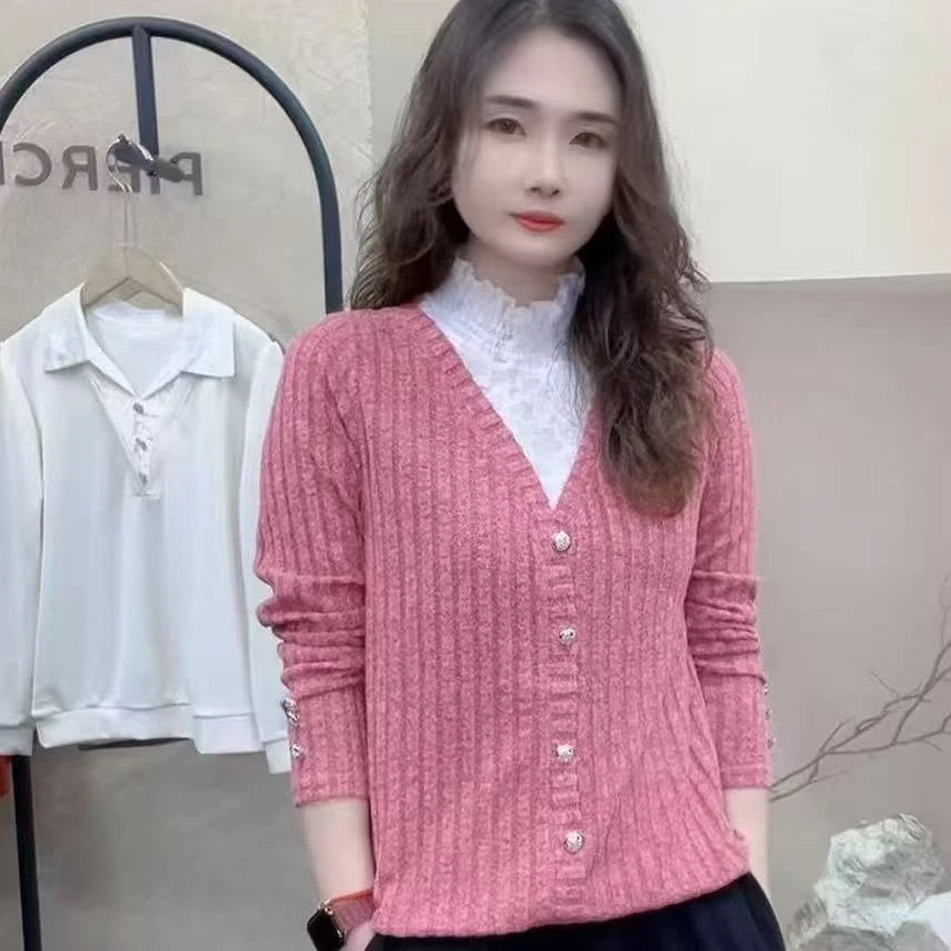 【拼接领假两件】女士春季新款外穿半高领拼接蕾丝领显瘦长袖打底衫