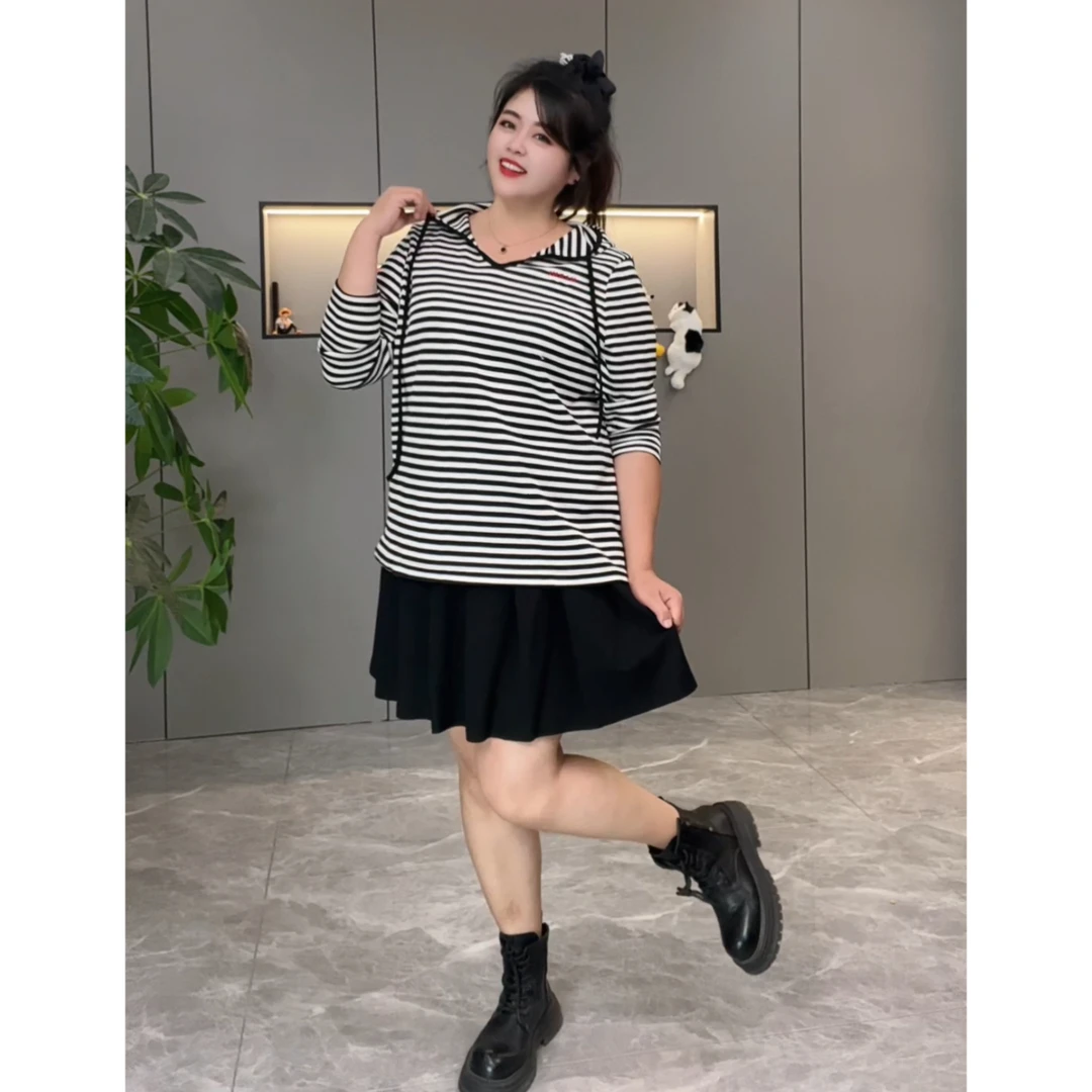 秋季新款连帽条纹长袖上衣减龄显瘦遮肉百搭716