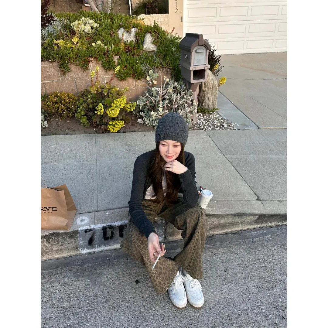 早春新款圆领长袖针织开衫外套女韩系修身显瘦短袖百搭豹纹阔腿裤