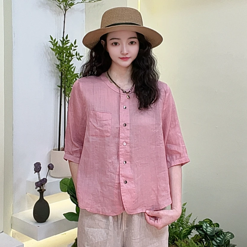 夏季新款文艺时尚百搭显瘦苎麻宽松休闲女士圆领单排扣纯色衬衫
