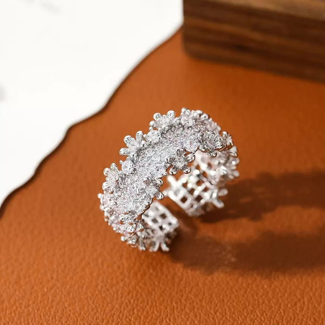 铜合金锆石戒指 【轻奢限定】银色满镶素款开口戒6307