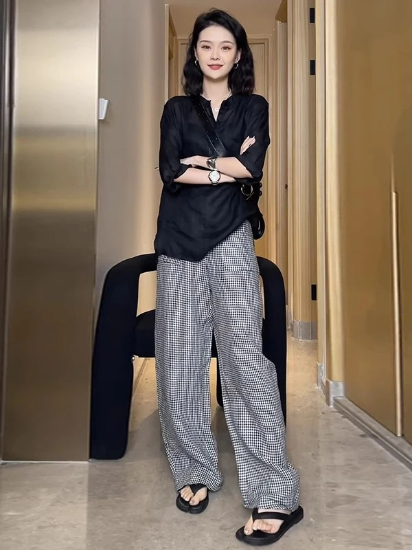 时尚套装女2025夏季新款洋气一整套雪纺衬衫格纹阔腿裤休闲两件套