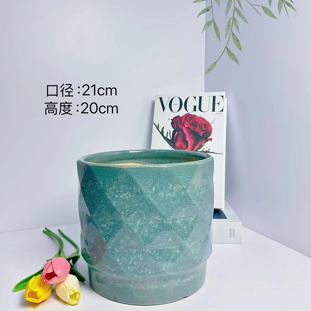陶瓷花盆三菱雪花绿大号口21高20分多肉蝴蝶兰发财树文竹客厅阳台