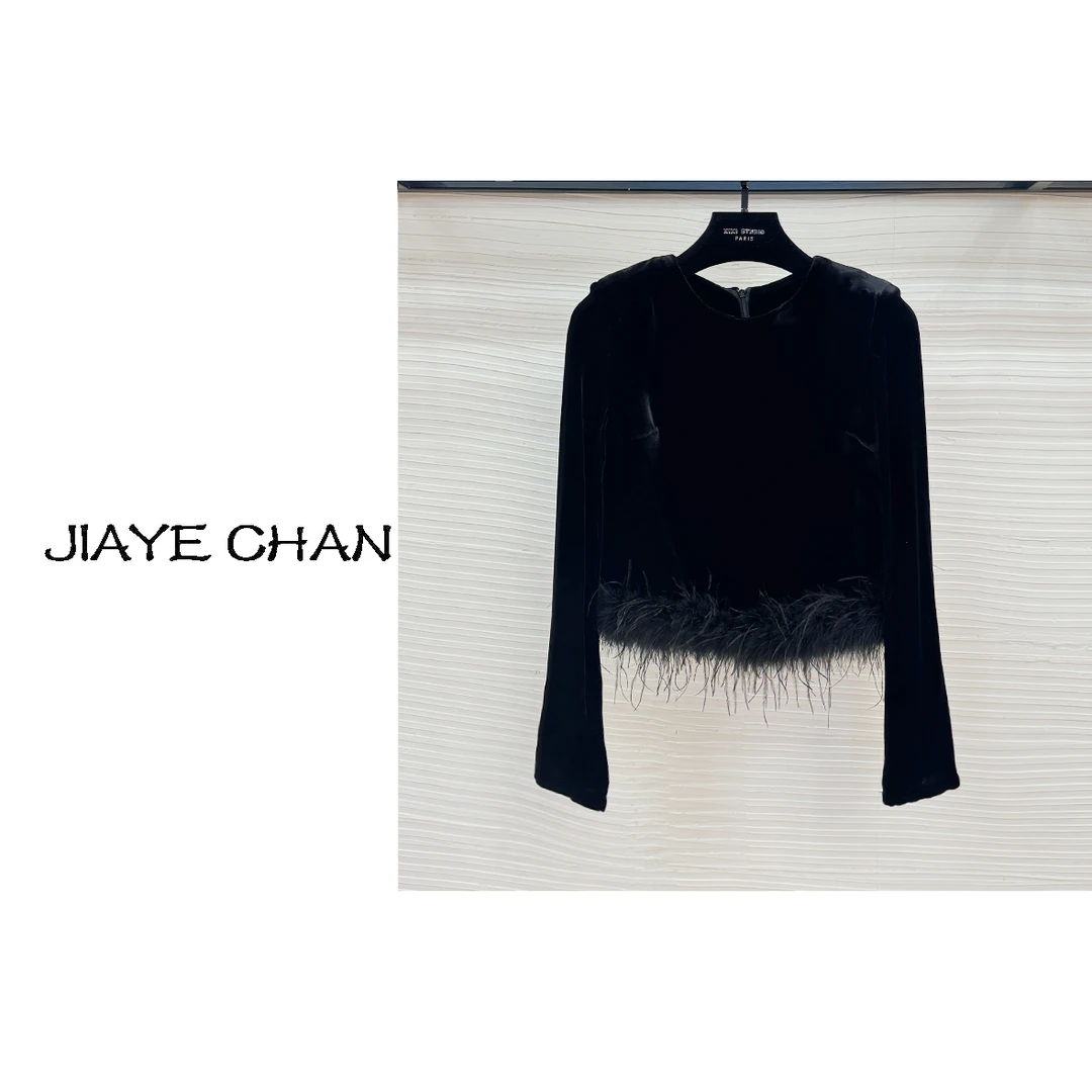 【西西高定】小香风丝绒羽毛拼接拉链上衣