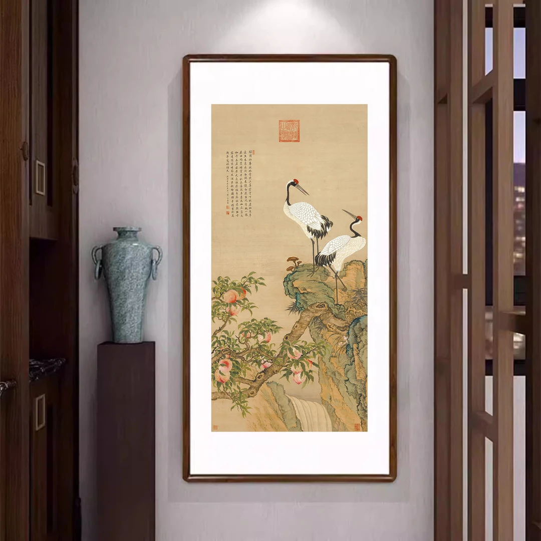 鹤挂画新中式客厅入户玄关装饰画走廊过道寓意好的壁画蟠桃双寿图
