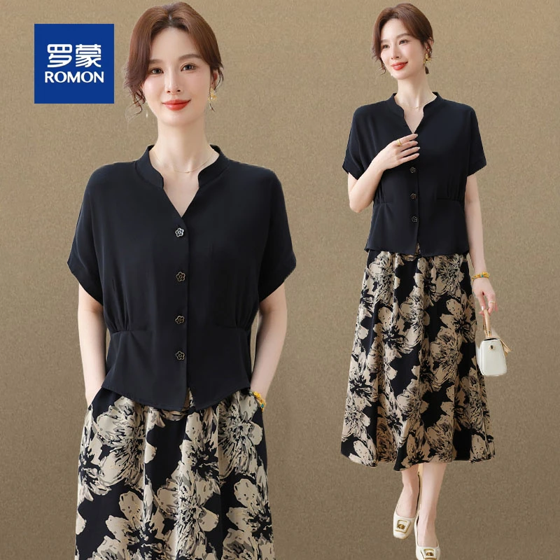罗蒙时尚妈妈夏季衬衫半身裙套装女中老年气质休闲短袖裙子两件套
