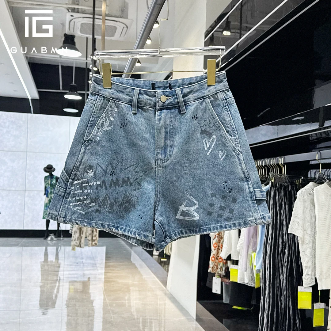 GUABMN2025夏季新款显瘦字母涂鸦高腰阔腿牛仔短裤夏日穿搭5192