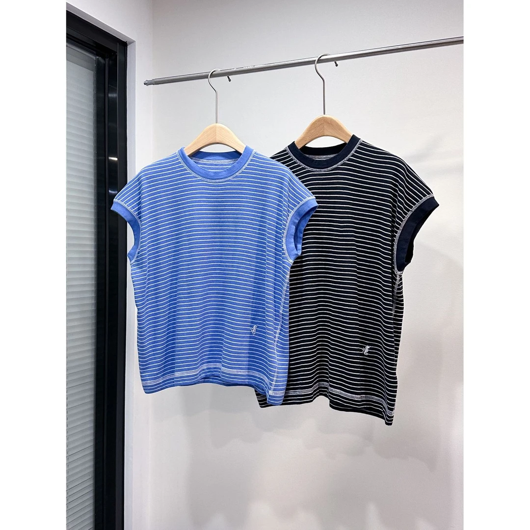 夏季新品极简百搭简约时尚女士圆领条纹刺绣无袖T恤YS-M822