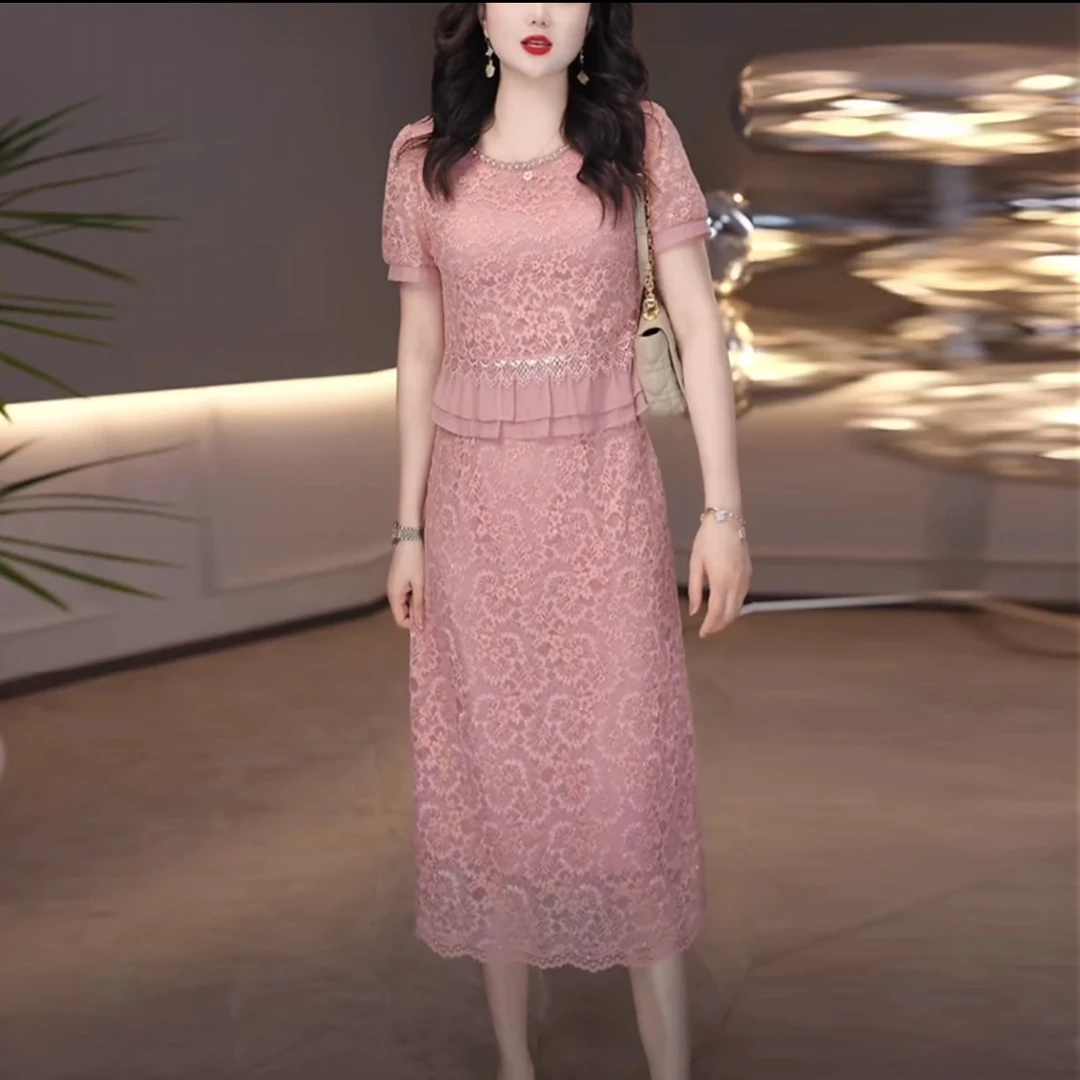 【胖大心】大码女装夏季时尚减龄水溶蕾丝假两件连衣裙268789995