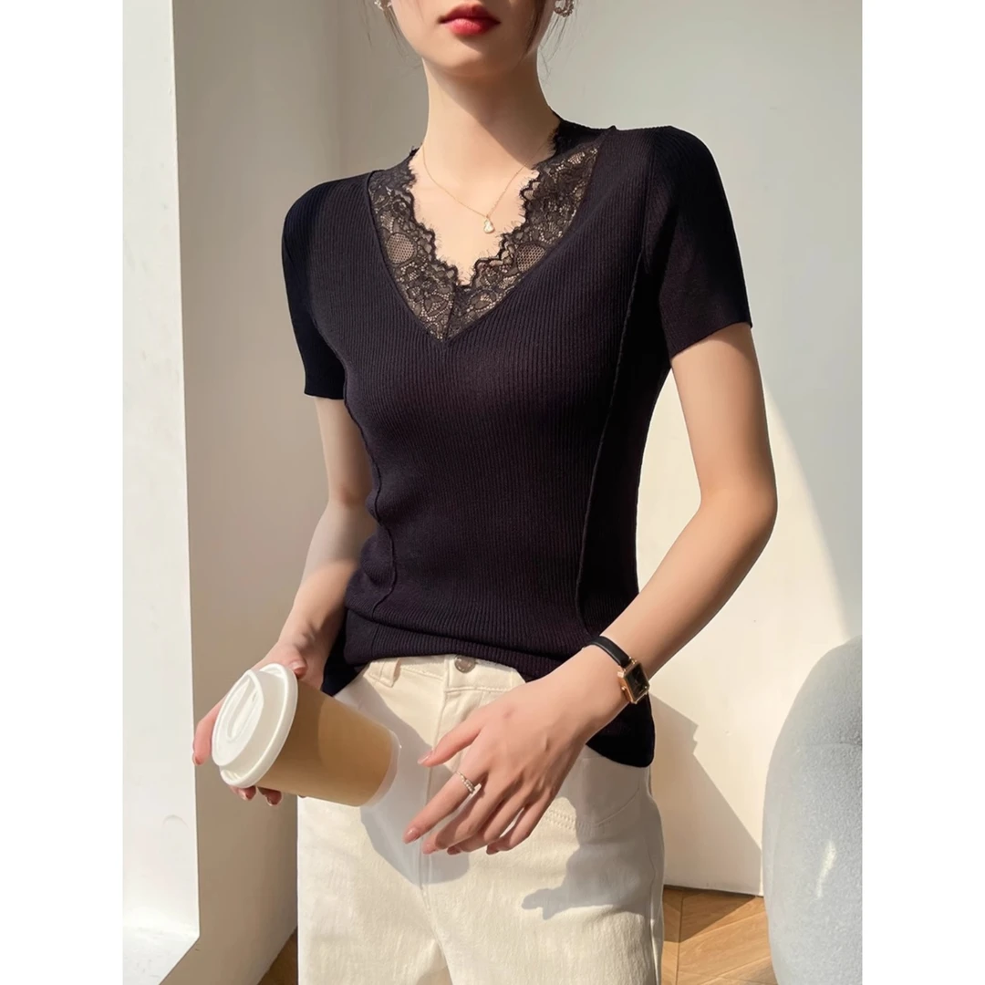 黑色v领短袖女t恤夏季蕾丝花边紧身鱼骨针织内搭打底正肩上衣修身
