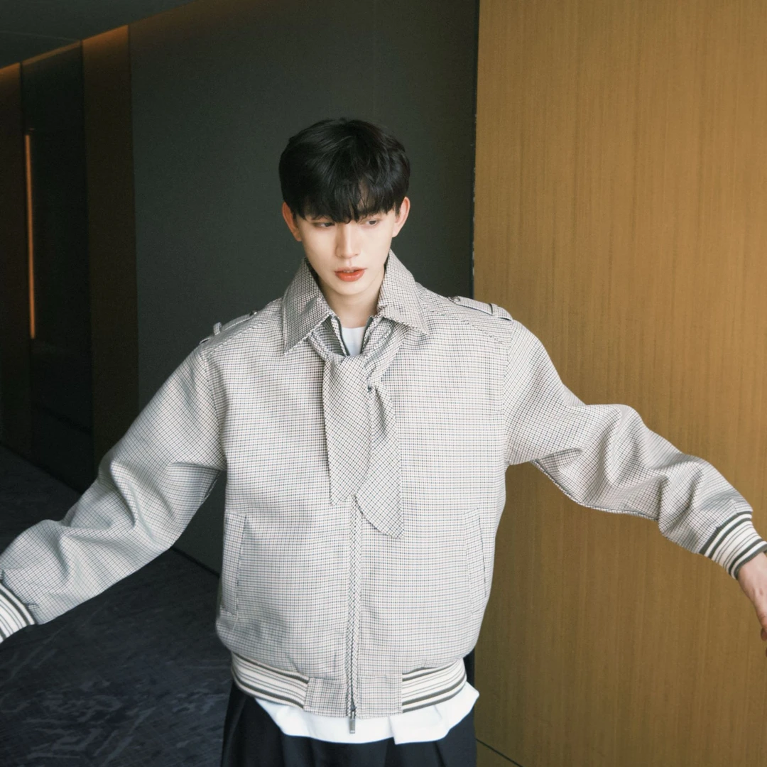 【李阿壹专属】原色千鸟格嘻哈男士春秋夹克情侣上衣韩版复古外套