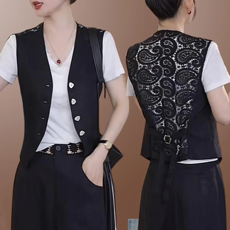 法式设计感排扣马甲小个子职业通勤气质小香风薄款蕾丝西装女夏季