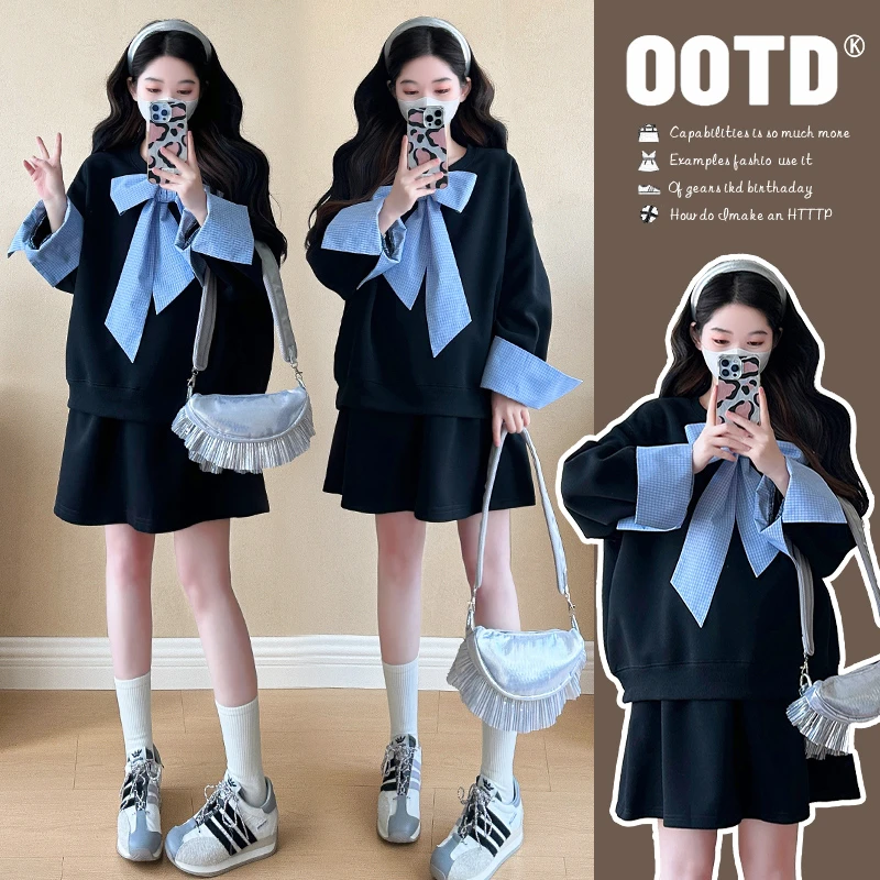 时髦孕妇早春新款时尚中长款甜美海军领娃娃领学院风百搭洋气套装