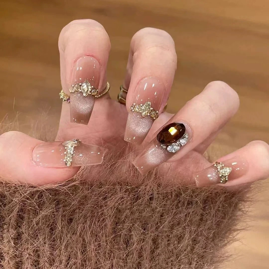 爱尔兰咖秋冬时尚奢华显白纯手工可摘除穿戴式假指甲中T款式穿戴