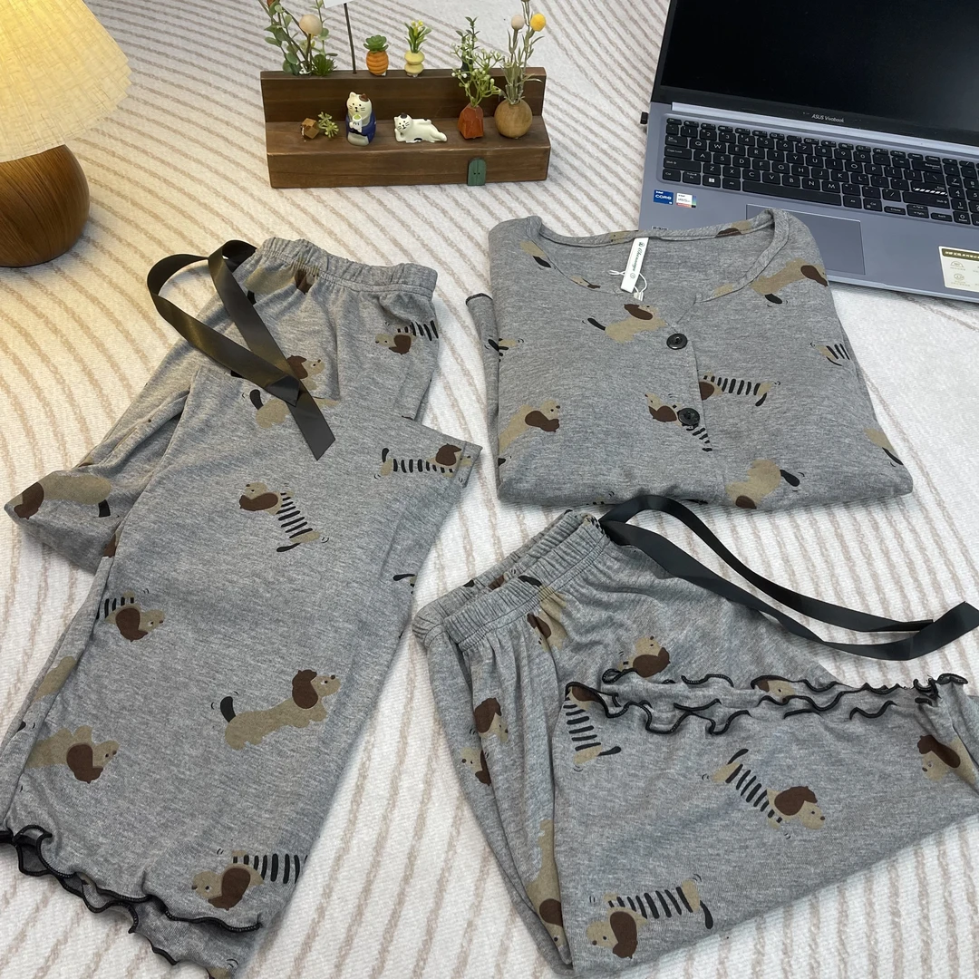 夏季腊肠狗卡通睡衣女款短袖长裤学生慵懒风家居服三件套装可外穿