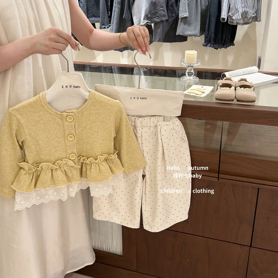 【咸柠七】原创！女童秋季新款韩版套装洋气花边开衫外套波点长裤