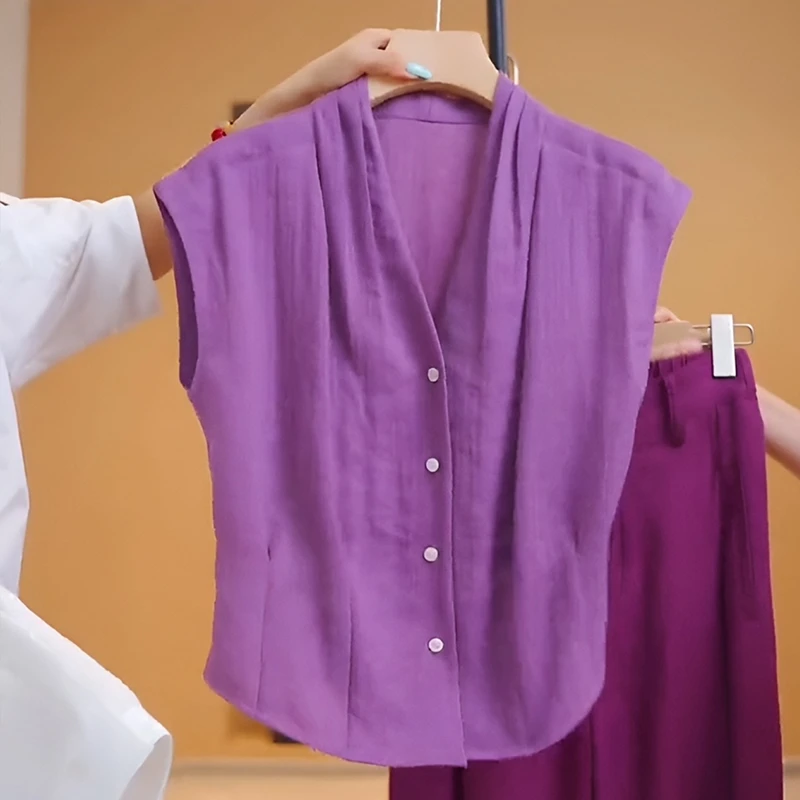 无袖上衣女夏季新款v领宽松开衫女高级感百搭简约纯色薄款马甲女