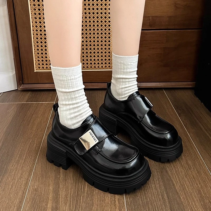 魔术贴春夏增高复古厚底乐福鞋女美拉德风圆头单鞋棕色英伦小皮鞋