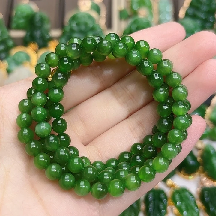 和田玉（碧玉）银S925镶嵌颈饰卡六冰绿猫多圈