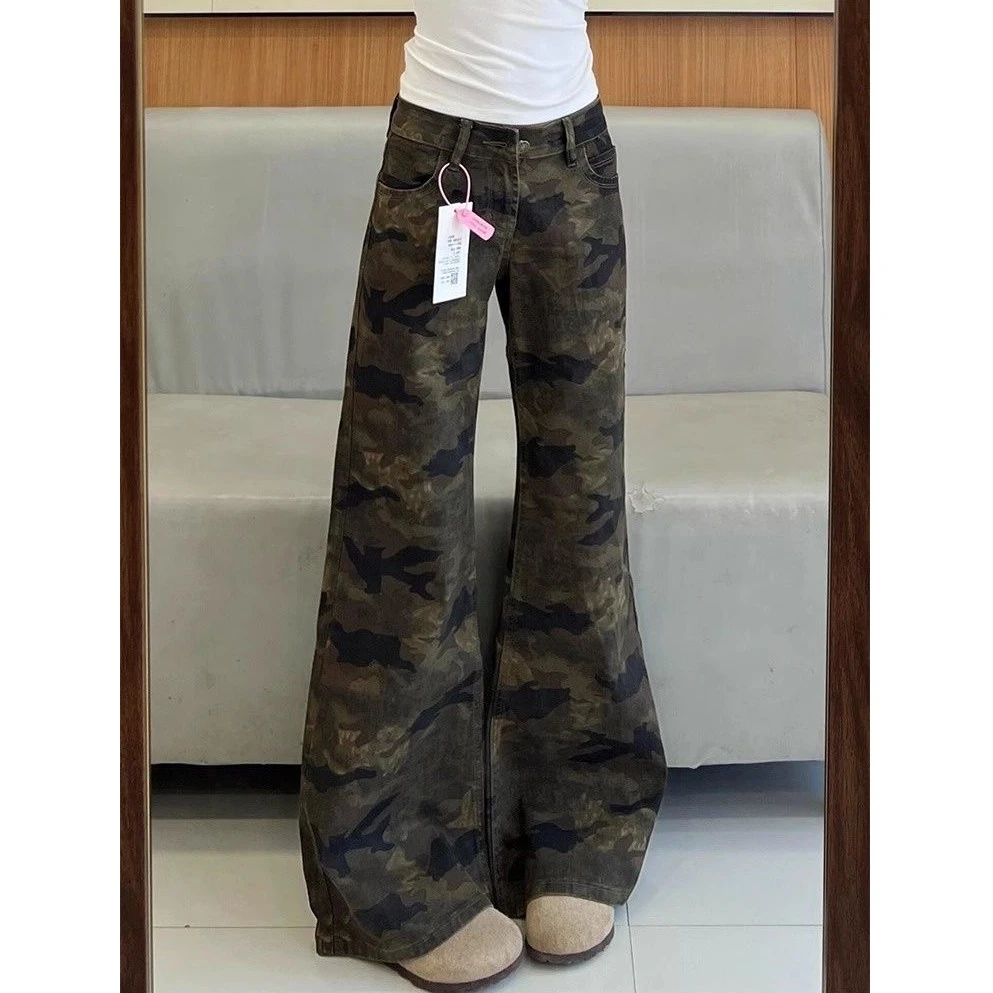 美式复古迷彩微喇牛仔裤女2025年秋季新款不贴腿宽松加长喇叭裤子