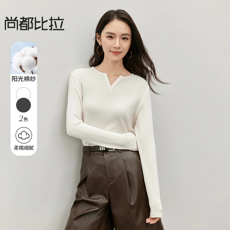 简约休闲棉质针织打底衫小V字圆领织唛装饰弹力长袖T恤57059