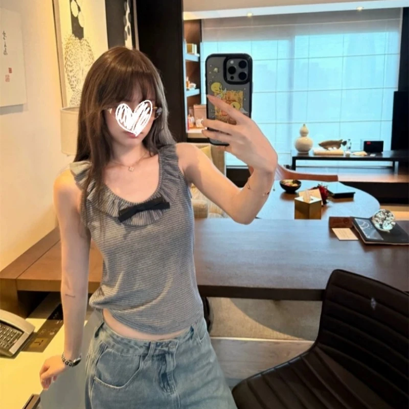 夏季法式复古蝴蝶结花边领条纹背心高级感修身显瘦别致绝美女上衣