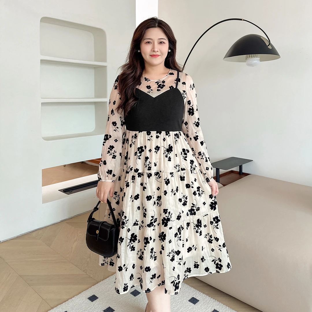 【新款-复古撞色】MsShe大码女装春装针织假两件连衣裙L~S2408001