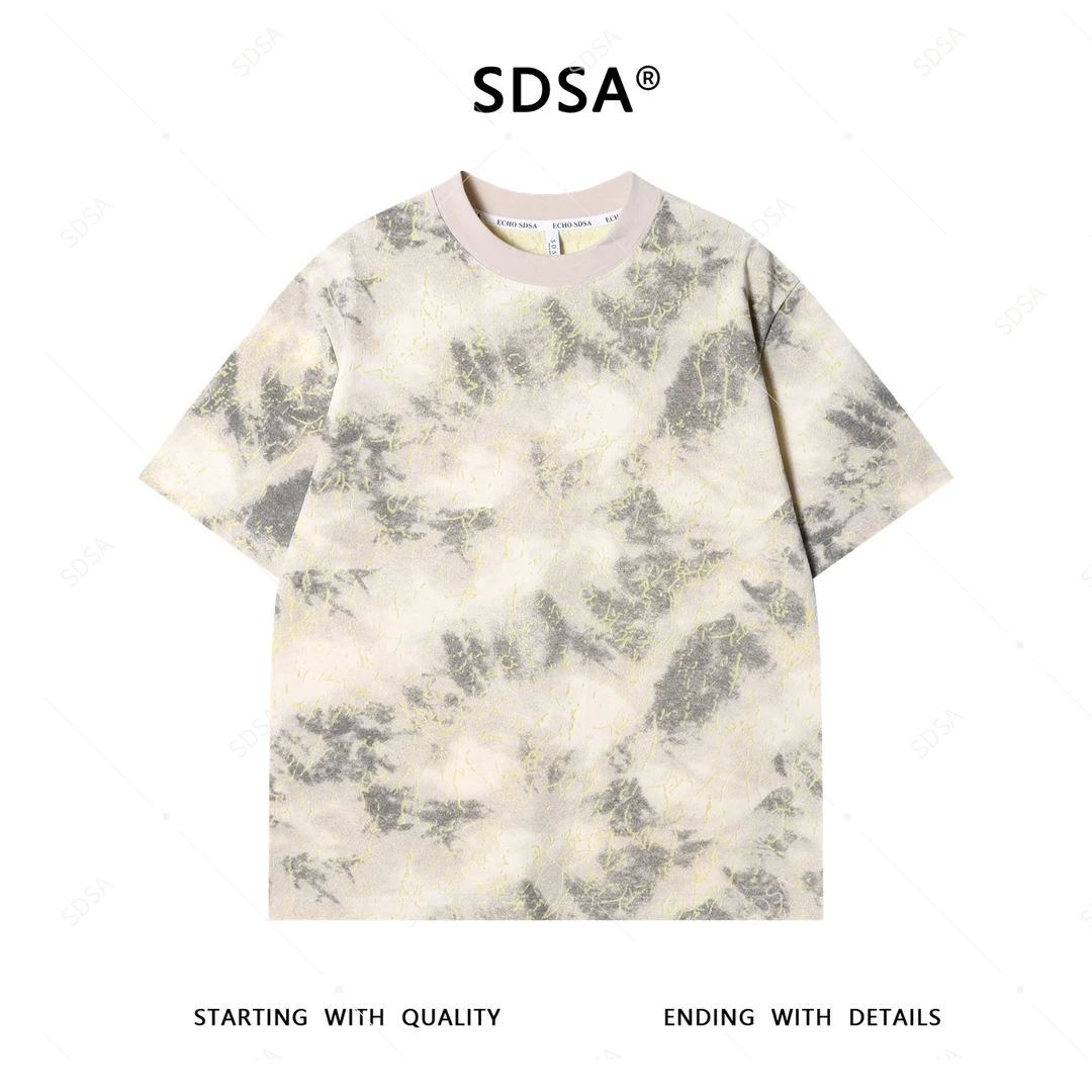 SDSA夏季新款男士痞帅韩版扎染撞色割破设计圆领短袖T恤时尚百搭