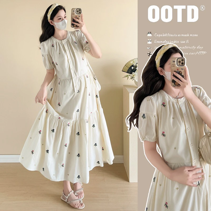 孕妇2025夏季新款法式设计感宽松显瘦刺绣可哺乳孕妇中长款连衣裙